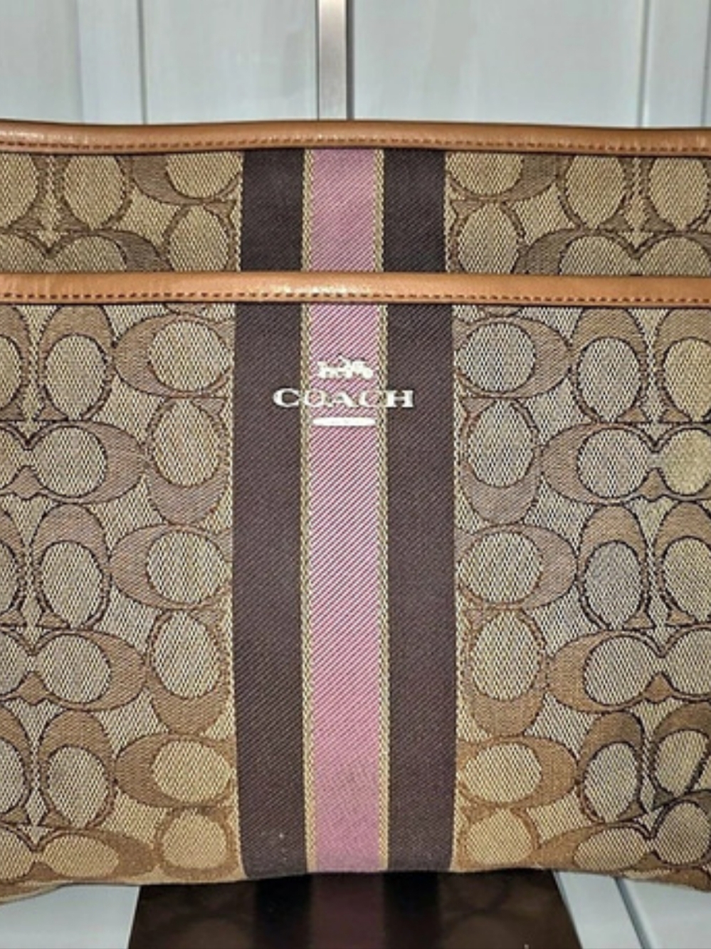 Coach File Crossbody In Signature Jacquard With Stripe, Brown & Pink